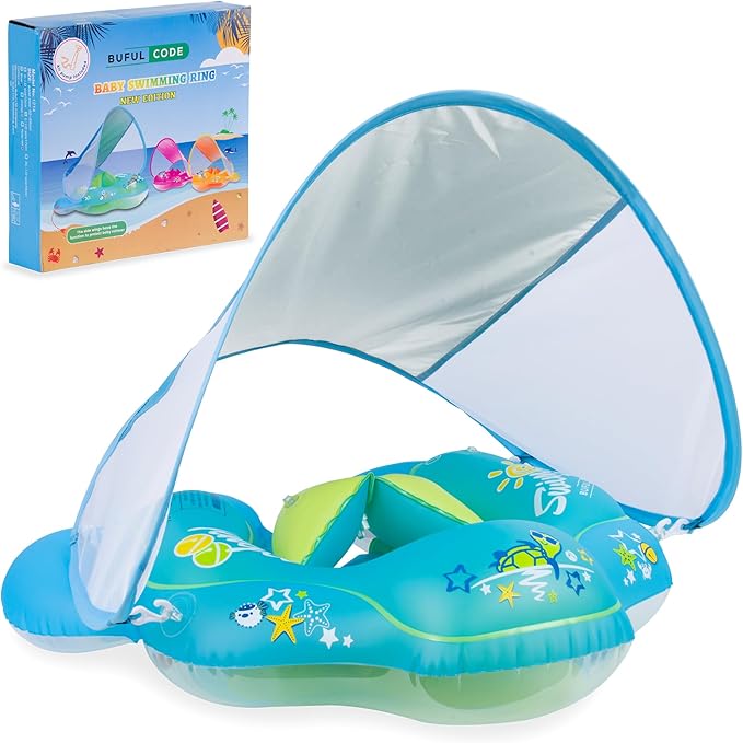 Baby Inflatable Swimming Ring with Sunshade & Anti-Rollover Wings - Safe & Fun Water Play