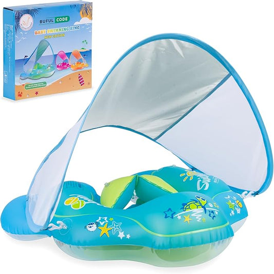 Baby Inflatable Swimming Ring with Sunshade & Anti-Rollover Wings - Safe & Fun Water Play