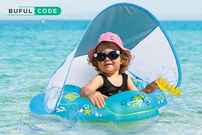 Baby Inflatable Swimming Ring with Sunshade & Anti-Rollover Wings - Safe & Fun Water Play